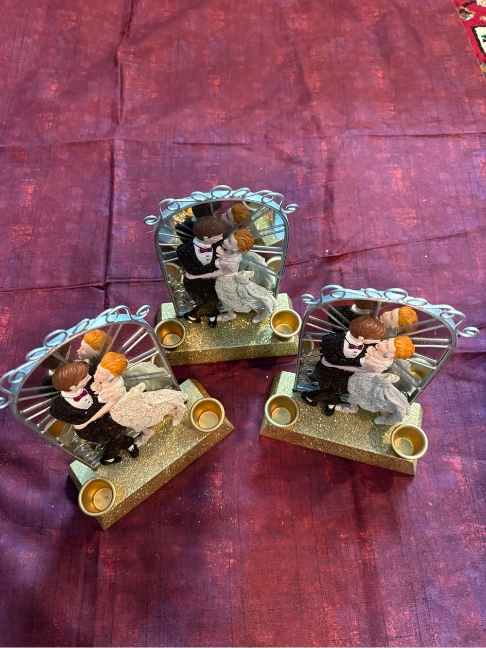 Set of 3 Wedding Bride & Groom Candleholders with Mirrored Backdrop & Gold Base